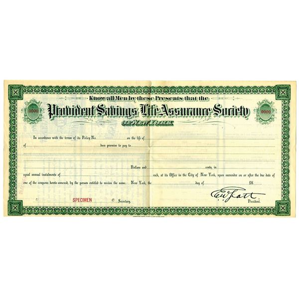 NY. Provident Savings Life Assurance Society of New York, ca.1880-1890s Specimen Insurance Policy