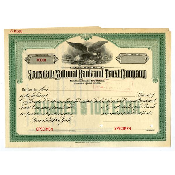 NY. Scarsdale National Bank and Trust Co., ND (1920s), Specimen Stock Certificate.