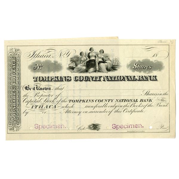 NY. Tompkins County National Bank, ND (1860 to 1890s), Specimen Stock Certificate.