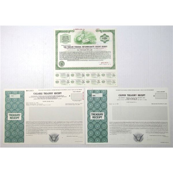 DC. Federal Intermediate Credit Banks Specimen Bond & U.S. Treasury Receipts Trio, 1979 to 2009.