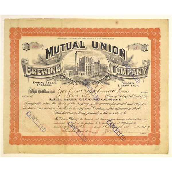 PA. Mutual Union Brewing Co., 1907, I/C Stock Certificate.