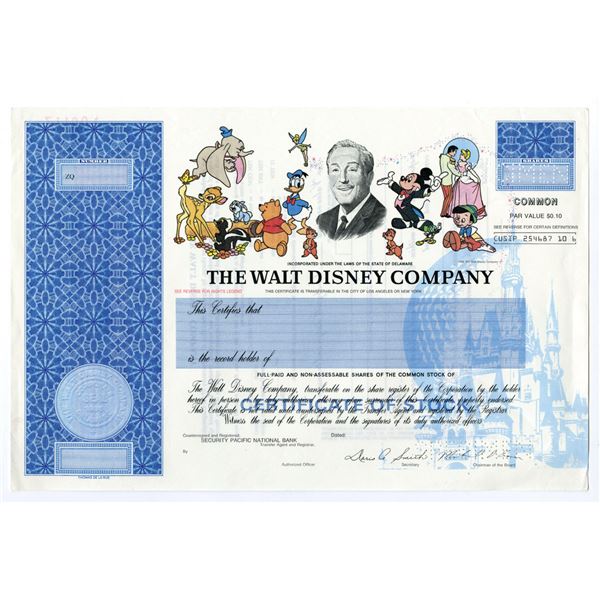 Walt Disney Co., ND (1980s to 1990s), Specimen Stock Certificate.