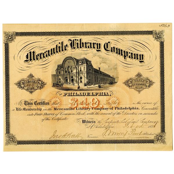 PA. Mercantile Library Co. 1876 I/U Stock Certificate Signed by Morris Perot