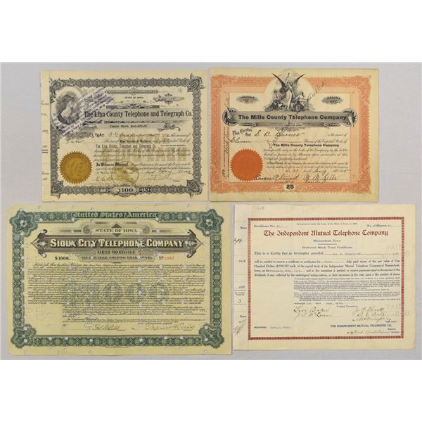 IA. Early Iowa Telephone Company  Stock and Bond Certificate Quartet, 1902 to 1910.