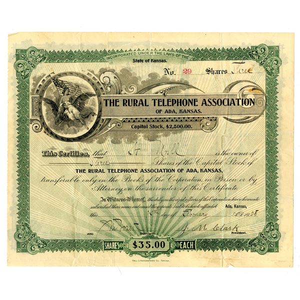 KS. Rural Telephone Association, 1908, I/U Stock Certificate