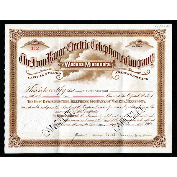 MN. Iron Range Electric Telephone Co., 1906 I/C Stock Certificate.