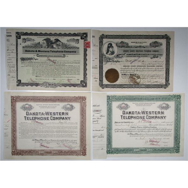 MT. ND. SD., Telephone Company Stock Certificate Quartet, 1907-15