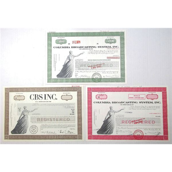 NY. CBS Inc. and Columbia Broadcasting System, Inc., 1987 to 1995, Specimen Bond Trio.