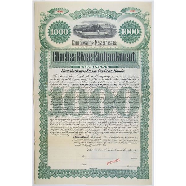 MA. Charles River Embankment Co. 1893 Specimen Bond