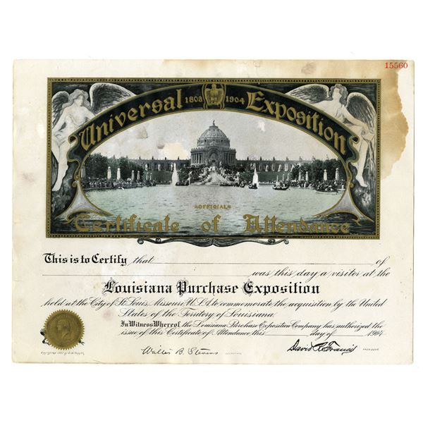 MO. Louisiana Purchase Exposition - Certificate of Attendance, 1904, Unissued Certificate