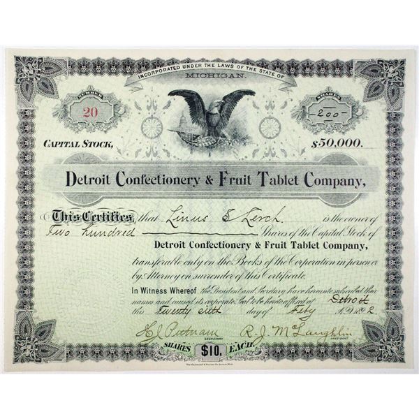 MI. Detroit Confectionery & Fruit Tablet Co. 1892 I/U Stock Certificate