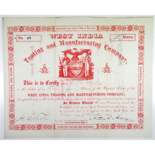 West India Trading and Manufacturing Co., 1886 I/U Stock Certificate.