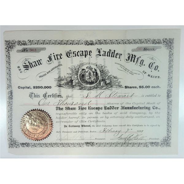 ME. Shaw Fire Escape Ladder Mfg. Co., 1884 I/U Stock Certificate