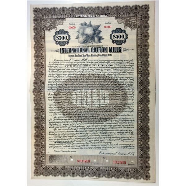 MA. International Cotton Mills, 1919 $500 Specimen 7% Gold Bond, XF FLABNC