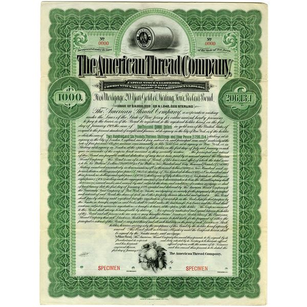 NJ. American Thread Co. 1899 Specimen Gold Coupon Bond