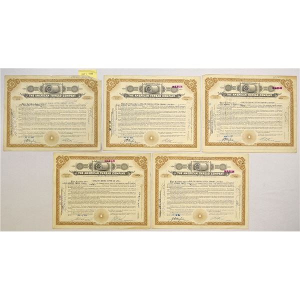 NJ. American Thread Co., 1931 to 1939, I/C Stock Certificate Quintet.