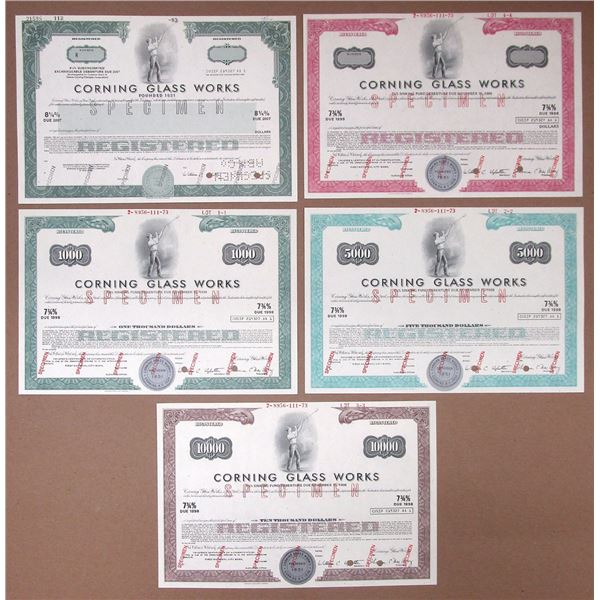NY. Corning Glass Works, 1973 to 1983, Registered Bond Specimen Quintet, All with Glass Blower Vigne