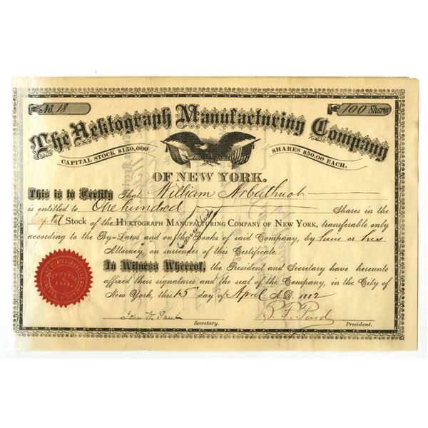 NY. Hektograph Manufacturing Co. of New York, 1882, I/C Stock Certificate, a early form of a Copy Ma