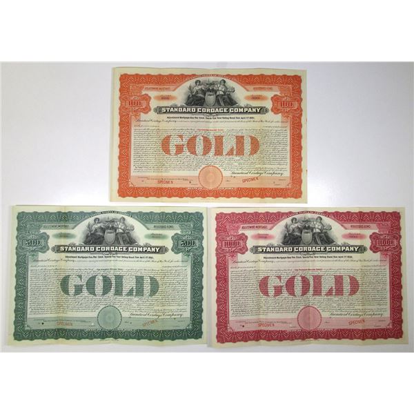 NY. Standard Cordage Co., 1906, Specimen Registered 5% Adjustment Mortgage Bond Trio.