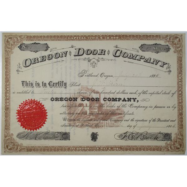 OR. Oregon Door Co. 1885 I/U Stock Certificate, Serial #1