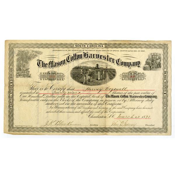 SC. Mason Cotton Harvester Co., 1891, I/U Stock Certificate.