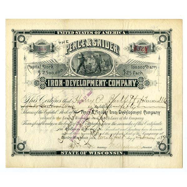 WI. Pence & Snider Iron Development Co. 1889, I/C Stock Certificate.