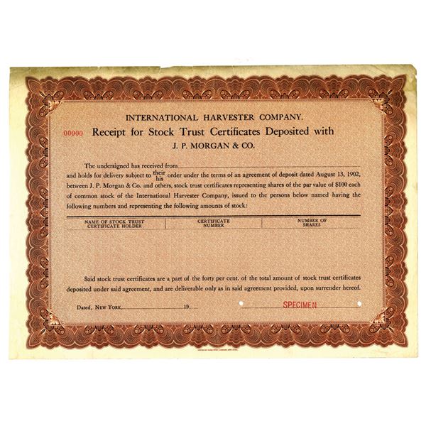 NY. International Harvester Co, 1900-10 Specimen Receipt for Stock Trust Certificate Deposited with 