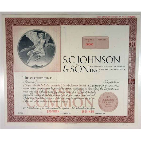 WI. S.C. Johnson & Son, Inc., 1968 Specimen Stock Certificate