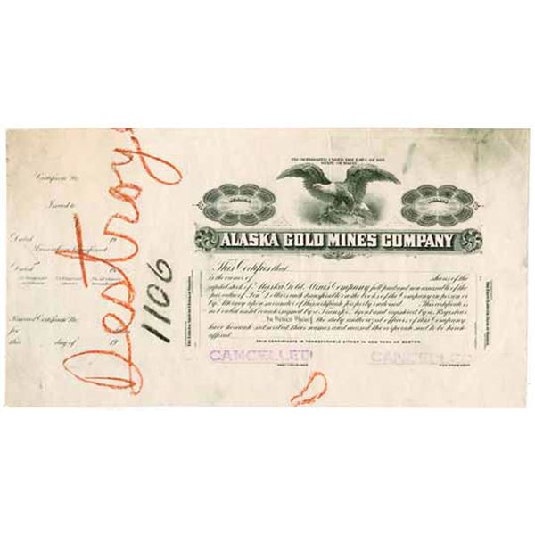 AK. Alaska Gold Mines Co., ca.1900-1920 Proof Stock Certificate