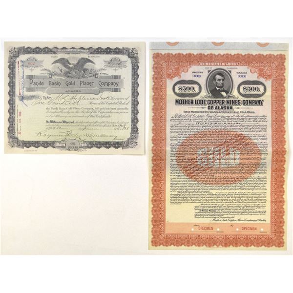 AK. Pande Basin Gold Placer Co. and Mother Lode Copper Mines Co., 1898 and 1916, Stock and Bond