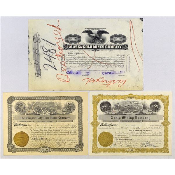 Alaska Mining Proof and I/U Stock Certificate Trio, ca.1902 to 1934.