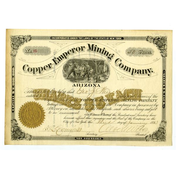 Arizona Territory. Copper Emperor Mining Co., 1883, I/U Stock Certificate.