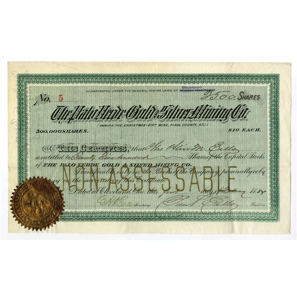 Arizona Territory. Palo Verde Gold and Silver Mining Co., 1884, I/U Stock Certificate.