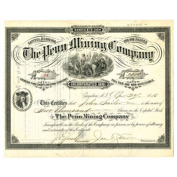 Arizona Territory. Penn Mining Co., 1881, I/U Stock Certificate.