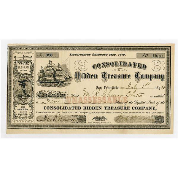 CA. Consolidated Hidden Treasure Co., 1874, I/U Stock Certificate.