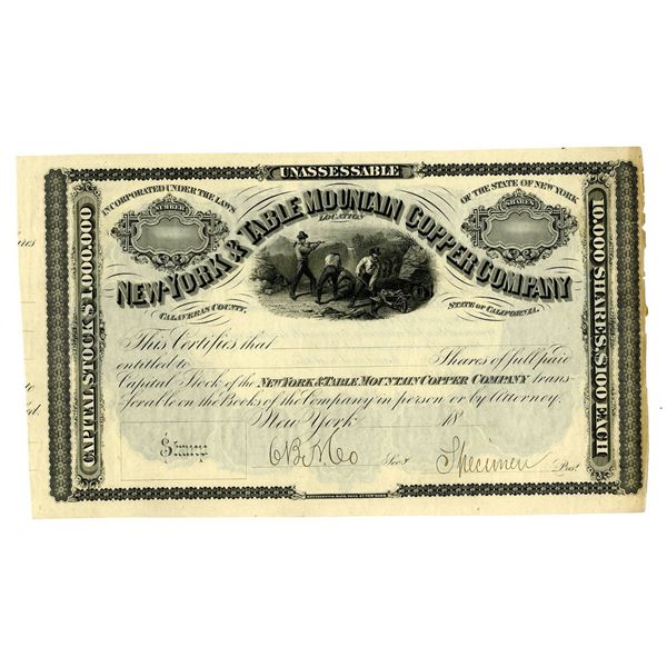 CA. New York & Table Mountain Copper Co., 1860s "Continental Bank Note Co.," Specimen Stock Certific