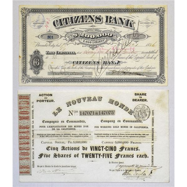 California & French Gold Mining Interest, 1851 & 1876, Issued Stock Pair.