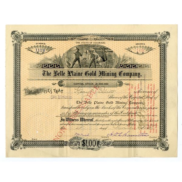 CO. Belle Plaine Gold Mining Co.., 1896, I/C Stock Certificate.