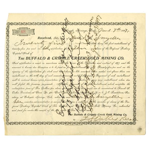 CO. Buffalo & Cripple Creek Gold Mining Co., 1871, I/C Installment Stock Certificate.