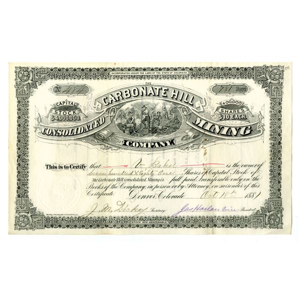 CO. Carbonate Hill Consolidated Mining Co., 1881, I/U Stock Certificate.