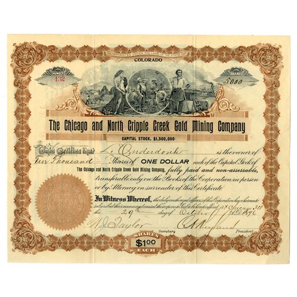 CO. Chicago and North Cripple Creek Mining Co., 1896, I/U Stock Certificate.