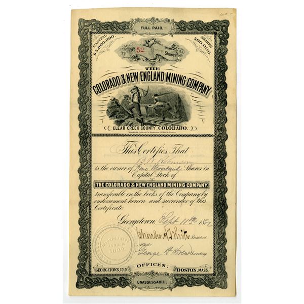 CO. Colorado & New England Mining Co., 1882, I/U Stock Certificate.