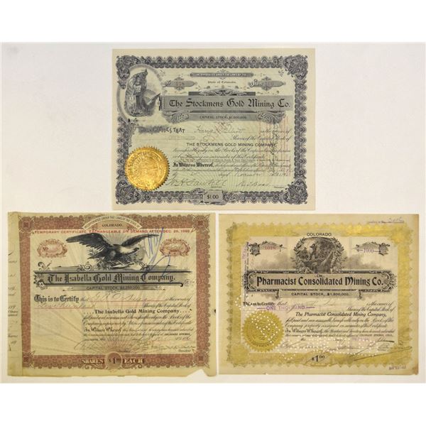 CO. Colorado Mining Stock Certificates, I/C Trio, 1896 to 1899.
