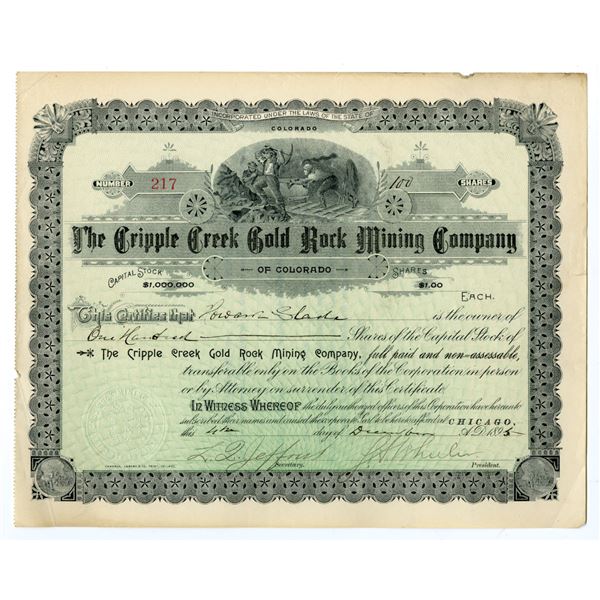 CO. Cripple Creek Gold Rock Mining Co., 1895, I/U Stock Certificate.