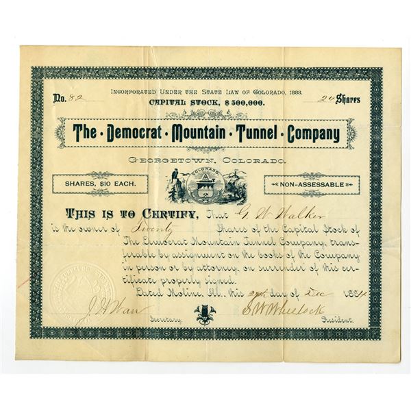 CO. Democrat Mountain Tunnel Co., 1884, I/U Stock Certificate.