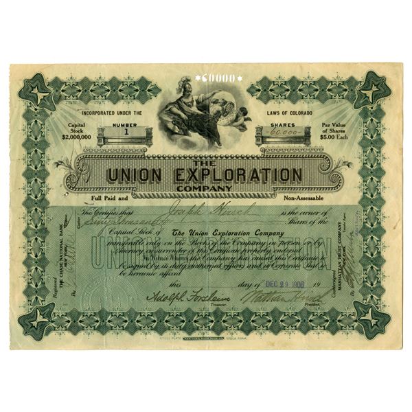 CO. Union Exploration Co., 1906, I/U Stock Certificate with S/N 1