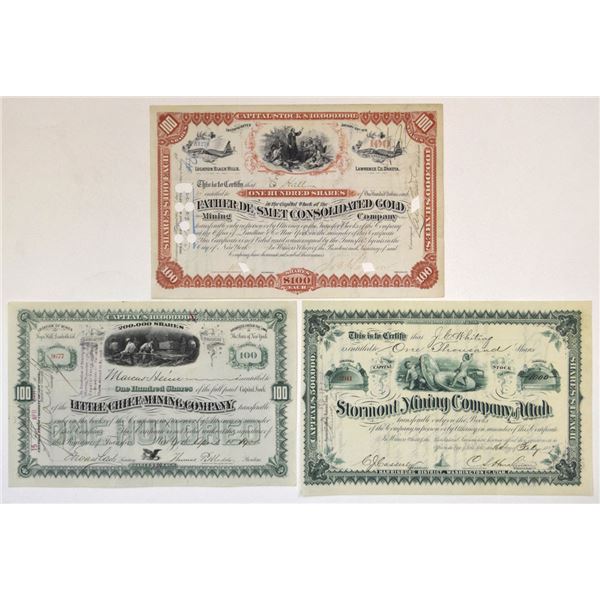 Colorado, Dakota, and Utah Mining, 1882 to 1901, Issued Stock Certificate Trio.