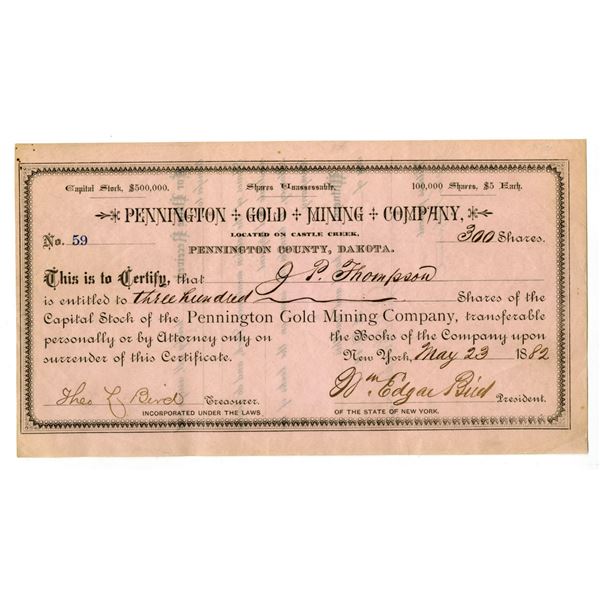 Dakota Territory. Pennington Gold Mining Co., 1882, I/U Stock Certificate.