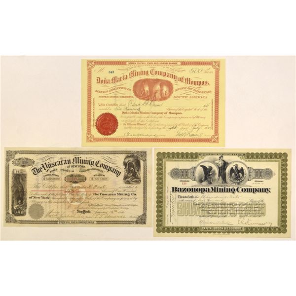 NY. South America and Mexico Mining Share Certificate Trio, ca.1886 to 1901.
