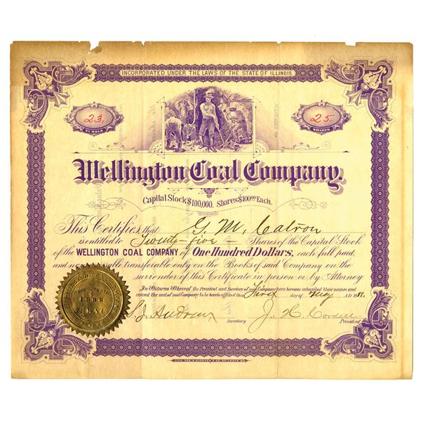 IL. Wellington Coal Co., 1888, I/U Stock Certificate.